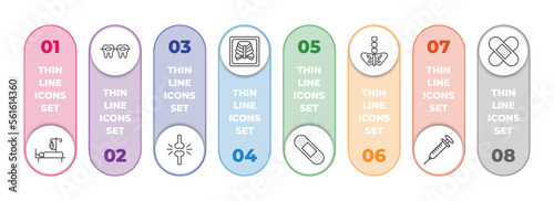 medical infographic element with outline icons and 8 step or option. medical icons such as illness on bed, braces, femur, x ray of bones, sticking plaster, pelvic area, syringe with medicine,
