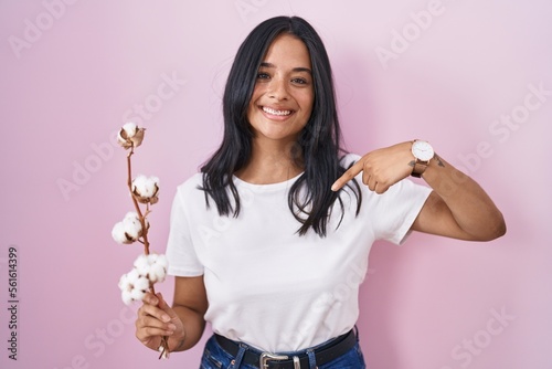 Brunette woman standing over pink background looking confident with smile on face, pointing oneself with fingers proud and happy.