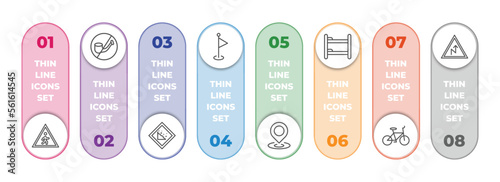 maps and flags infographic element with outline icons and 8 step or option. maps and flags icons such as crossing zone, no smoking pipe, land slide, maps flags, mark, dormitory, bicycle, right