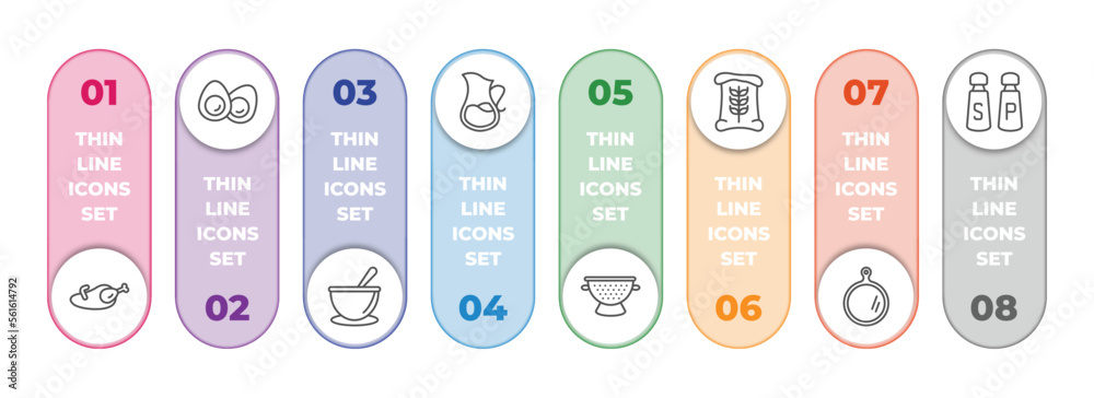 kitchen infographic element with outline icons and 8 step or option. kitchen icons such as broiler, eggs, soup bowl, pitcher, nder, flour, chopping board, salt and pepper vector. kitchen infographic element with outline icons and 8 step or option. kitchen icons such as broiler, eggs, soup bowl, pitcher, nder, flour, chopping board, salt and pepper vector.