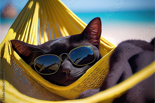 Portrait of an adorable lazy Bombay cat in sunglasses laying in a hammock on an ocean beach enjoying a holiday made with Generative AI. Holiday travel agency advertisement poster concept photo