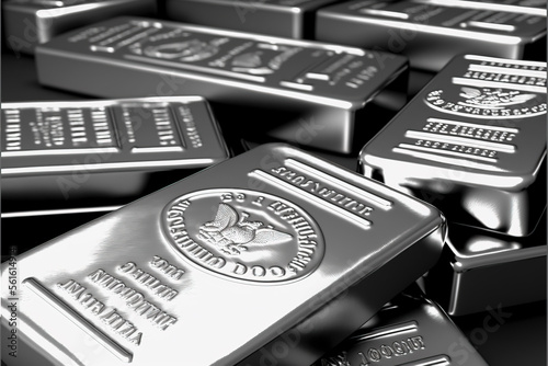 silver bars and coins, concept of investing in precious metals, alternative savings, market values, created with Generative AI technology