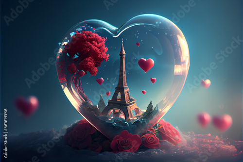 heart in the sky of paris, heart glass, eiffle tower, saint valentines day, using ai photo