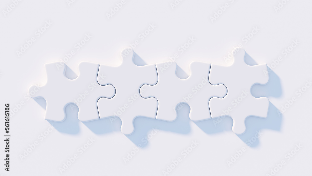 Four connected white puzzle pieces on white - 3d rendering