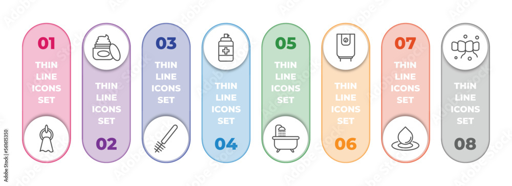 hygiene infographic element with outline icons and 8 step or option. hygiene icons such as face towel, body cream, toilet brush, antiseptic, bathroom, water heater, purity, flossing vector. hygiene infographic element with outline icons and 8 step or option. hygiene icons such as face towel, body cream, toilet brush, antiseptic, bathroom, water heater, purity, flossing vector.