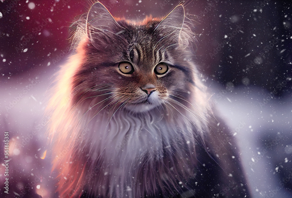 Portrait of a magnificent  Manx cat on snow made with Generative AI