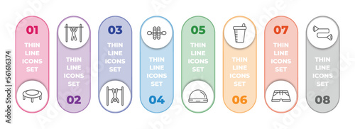 gym and fitness infographic element with outline icons and 8 step or option. gym and fitness icons such as trampoline, bar exercising, exercise hang bar, gymnastic roller, bosu ball, protein shake,