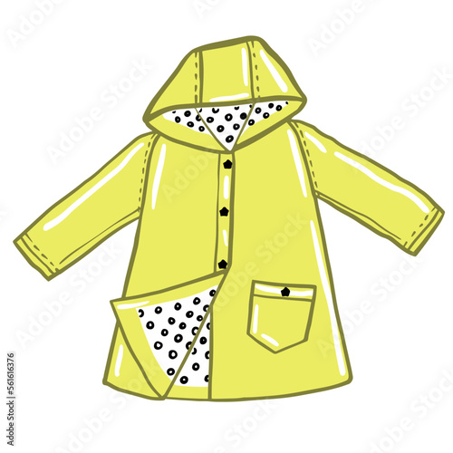 Yellow raincoat. Girl seasonal  spring,  fall  clothes collection. Kids outfits vector doodle illustration isolated on white background.  