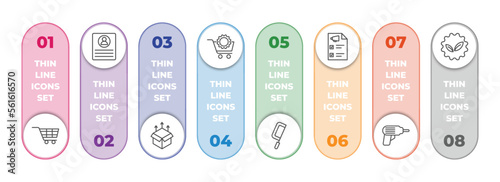 general infographic element with outline icons and 8 step or option. general icons such as shopping trolley, profile list, product release, procurement, fretsaw, marketing plan, perforator, go green