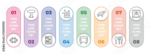 furniture & household infographic element with outline icons and 8 step or option. furniture & household icons such as dining table, table, bookshelf, floor, table linens, fainting couch,