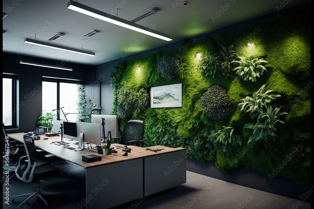 Office green walls with artificial moss and plants. Generative AI Stock ...