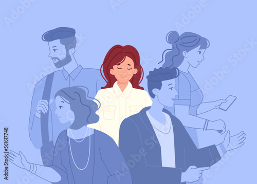 Woman outcaste. Lonely girl in indifferent crowd, depressed child alone at social communicating silhouettes, depressed female emotional mental solitude concept vector illustration