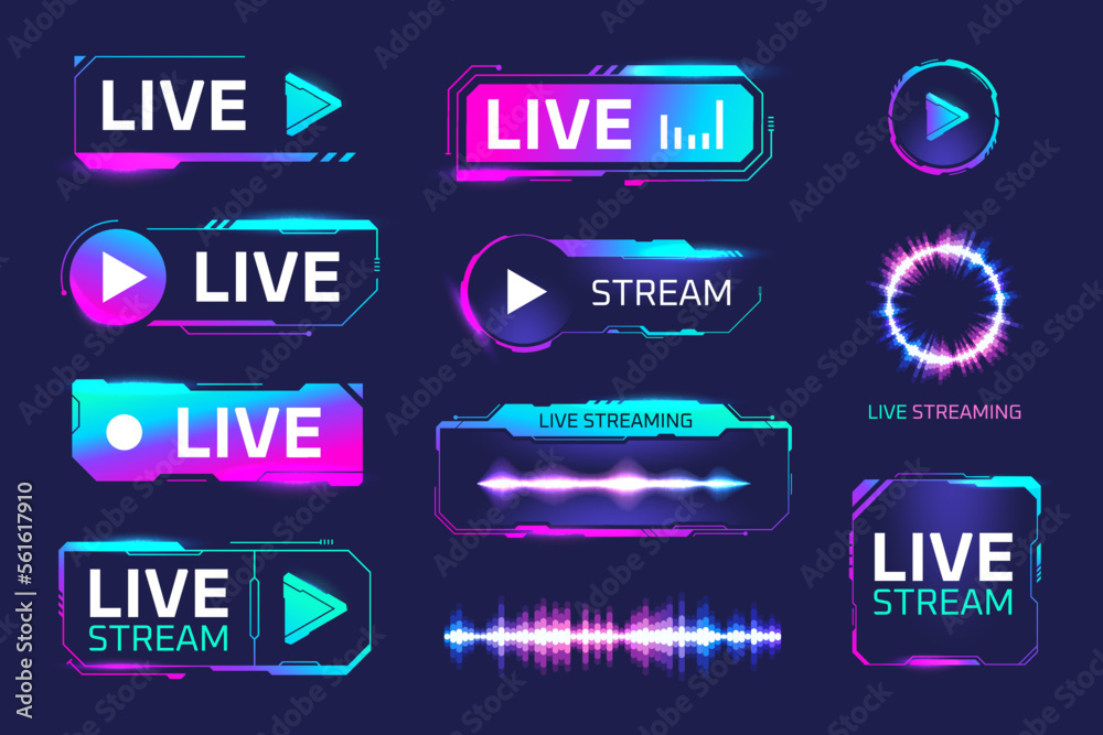 Game recording buttons. Gaming air live, online radio stream gamers twitch  broadcast equipment streamer future technology, neon screen overlay panels  media show vector illustration Stock Vector | Adobe Stock