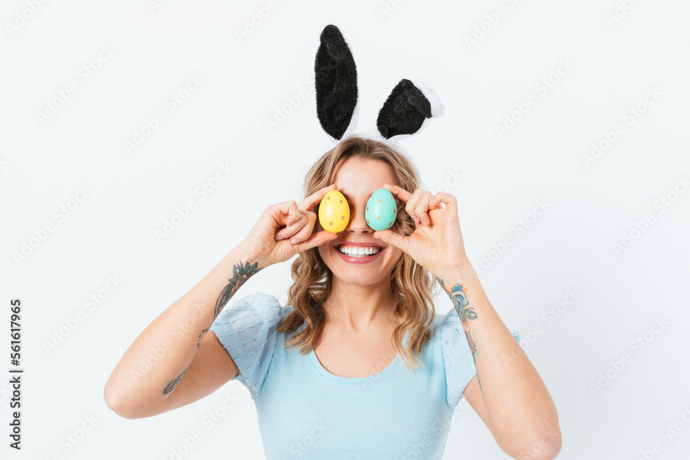 Funny young blonde woman wearing easter bunny ears Funny young blonde woman wearing easter bunny ears