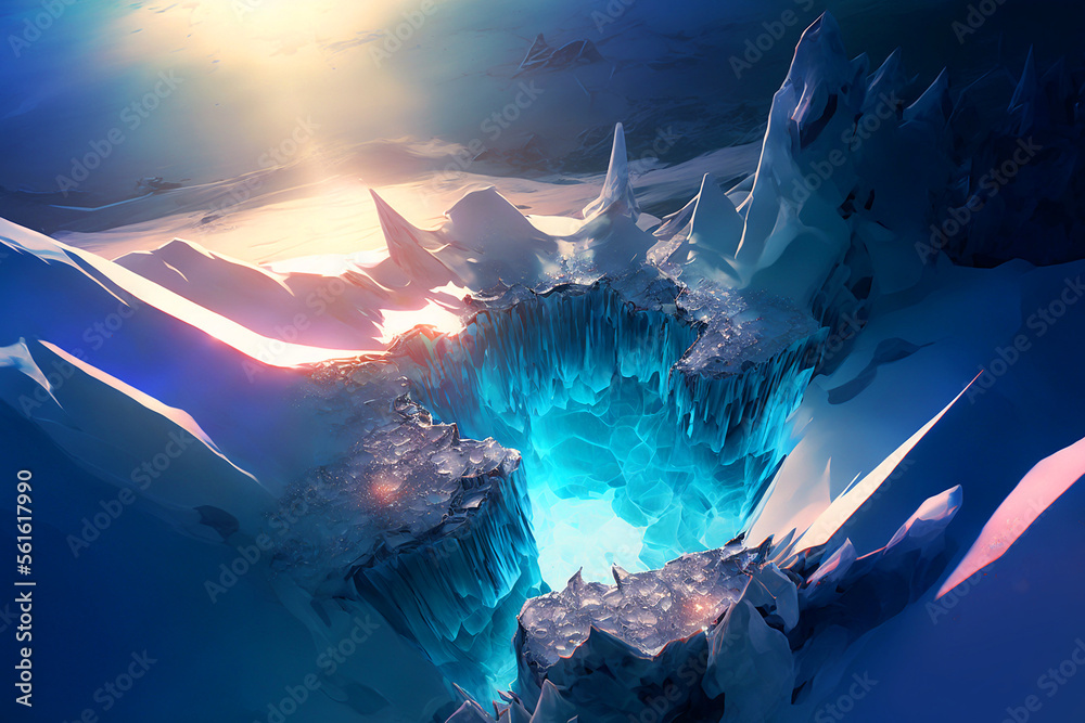 Fantasy background with frozen ice rocks, shine, and ice crystals. 
Generated AI.