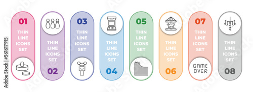 arcade infographic element with outline icons and 8 step or option. arcade icons such as air hockey, bowling pins, puppet show, arcade game, roller coaster, carousel horse, game over, childhood