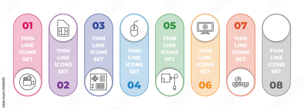 electronic devices infographic element with outline icons and 8 step or option. electronic devices icons such as lisa, video recorder, sim, motherboard, mouse, magsafe, smart tv, dvd player vector. electronic devices infographic element with outline icons and 8 step or option. electronic devices icons such as lisa, video recorder, sim, motherboard, mouse, magsafe, smart tv, dvd player vector.