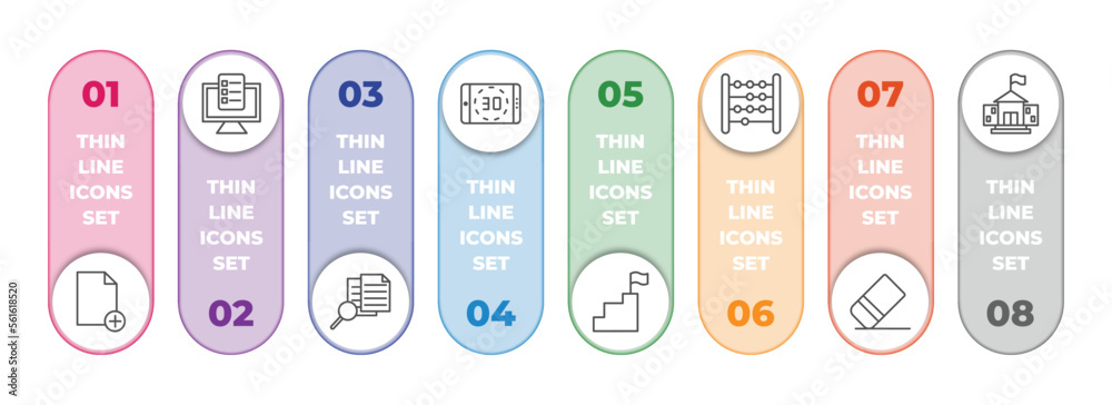 education infographic element with outline icons and 8 step or option. education icons such as new document, online test, searching files, digital display 30, steps to complete, abacus, eraser, education infographic element with outline icons and 8 step or option. education icons such as new document, online test, searching files, digital display 30, steps to complete, abacus, eraser,