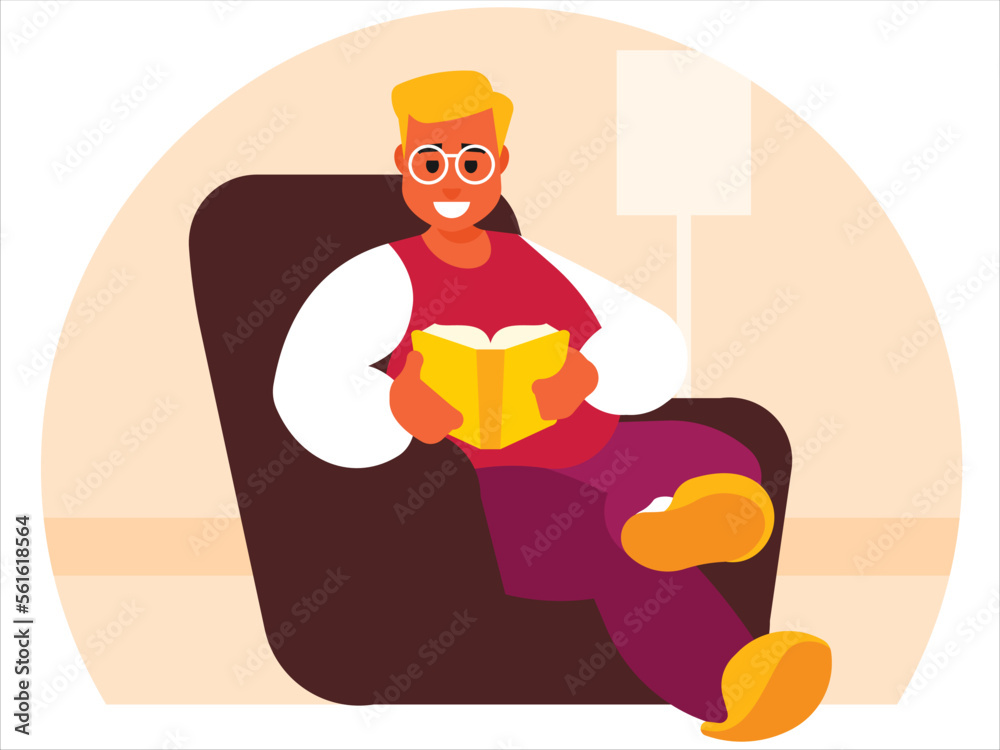 Young school teacher reading a textbook while sitting in a chair. Vector graphics