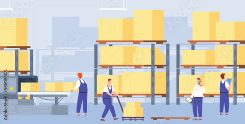 Warehouse conveyor workers. Warehousing process, worker sorting cargo boxes on belt line automation machine, movers working delivery industrial system, splendid vector illustration