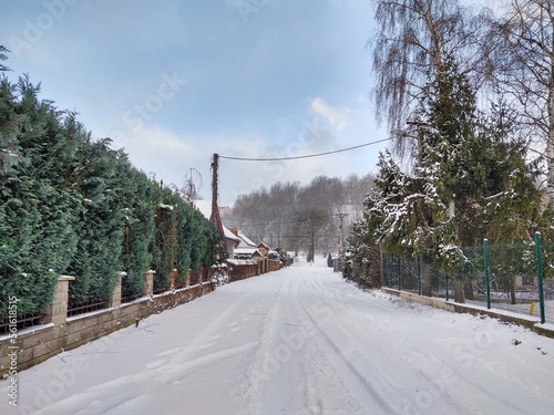 Snowfall in the nature or city during cold winter. Slovakia photo