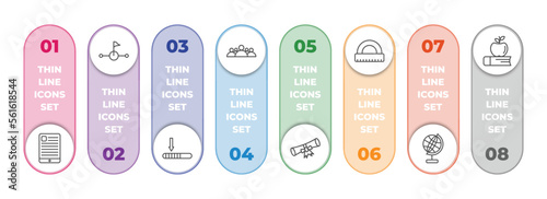 education infographic element with outline icons and 8 step or option. education icons such as tactile tablet, halfway, window scrolling left, group of people, diploma with a ribbon, semicircle with