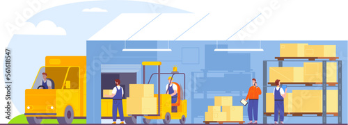 Forklift loading pallet in truck. Warehouse loading power lift driver, lorry center cargo delivery distribution logistic loaded car on storage platform splendid vector illustration