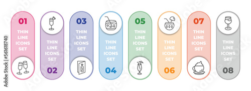 drinks infographic element with outline icons and 8 step or option. drinks icons such as wine toast, pisco sour, wine list, caipiroska, sex on the beach, planter's punch, cappuccino, glass with wine