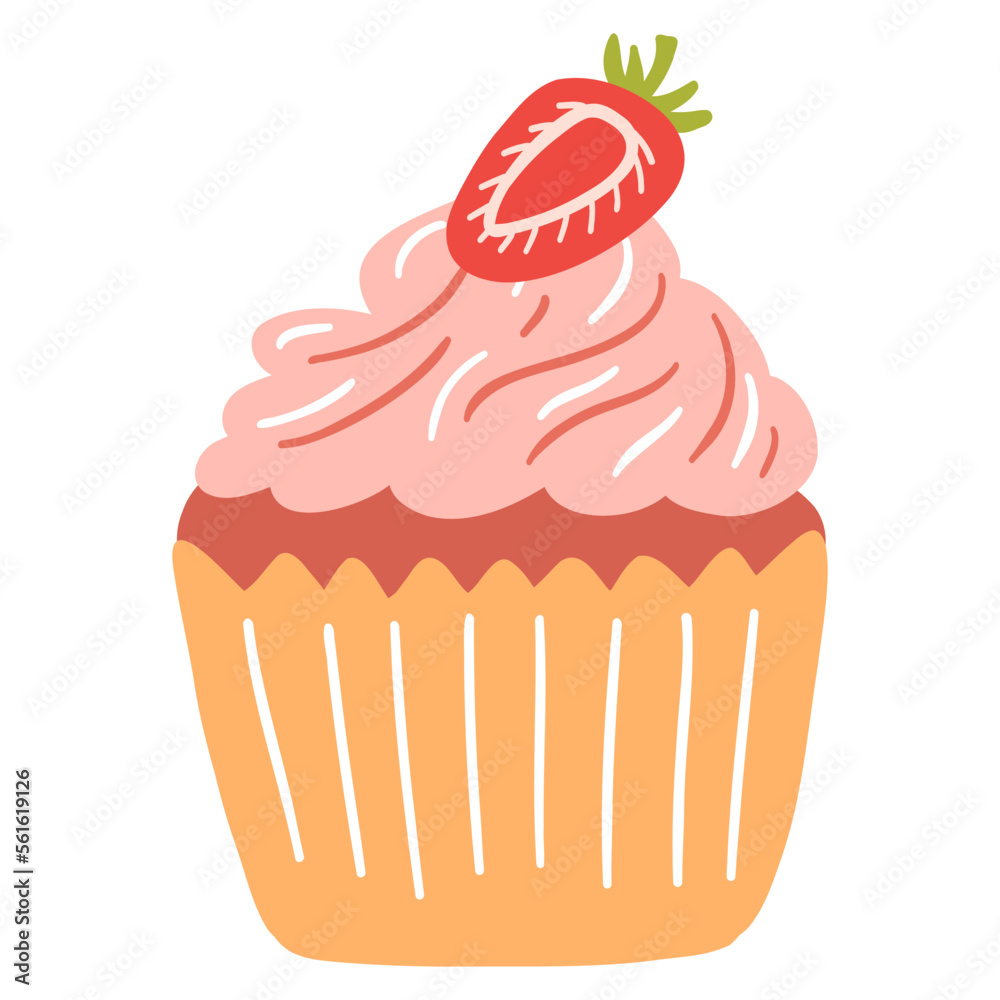 Hand drawn delicious cupcake in cartoon style. Vector illustration of sweets, dessert, pastries Hand drawn delicious cupcake in cartoon style. Vector illustration of sweets, dessert, pastries