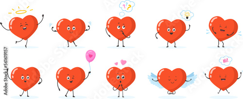 Cartoon heart poses. Hearts emoji characters with laughing face legs wings and arms, funny love stickers meme mascot of health cute baby comic drawing set vector illustration