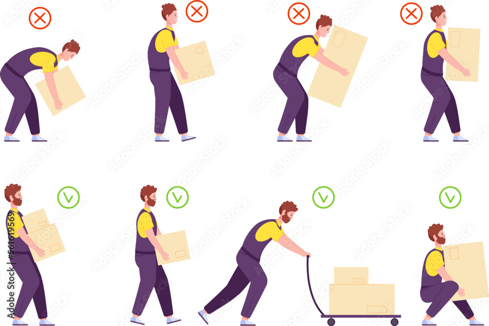 Weights handling. Safety ergonomic posture of back for carry or push heavy goods, manual correctly incorrect work lifting loads loadman infographics splendid vector illustration - obrazy, fototapety, plakaty 