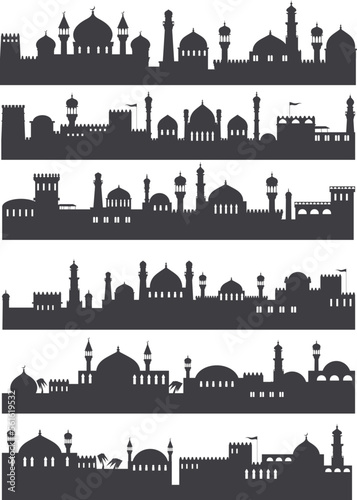 Arabic cityscape silhouettes. Traditional arabian architecture skyline, ramadan islamic mosque building silhouette, muslim town arabesque ancient minaret neat vector illustration