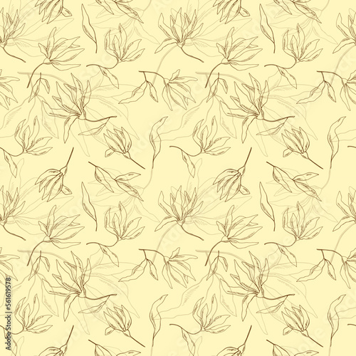 Seamless vector floral pattern. Delicate branches. Milk background. Botany. Home textiles. Spring. Autumn. Fabric print from branches. © Олена Кібець