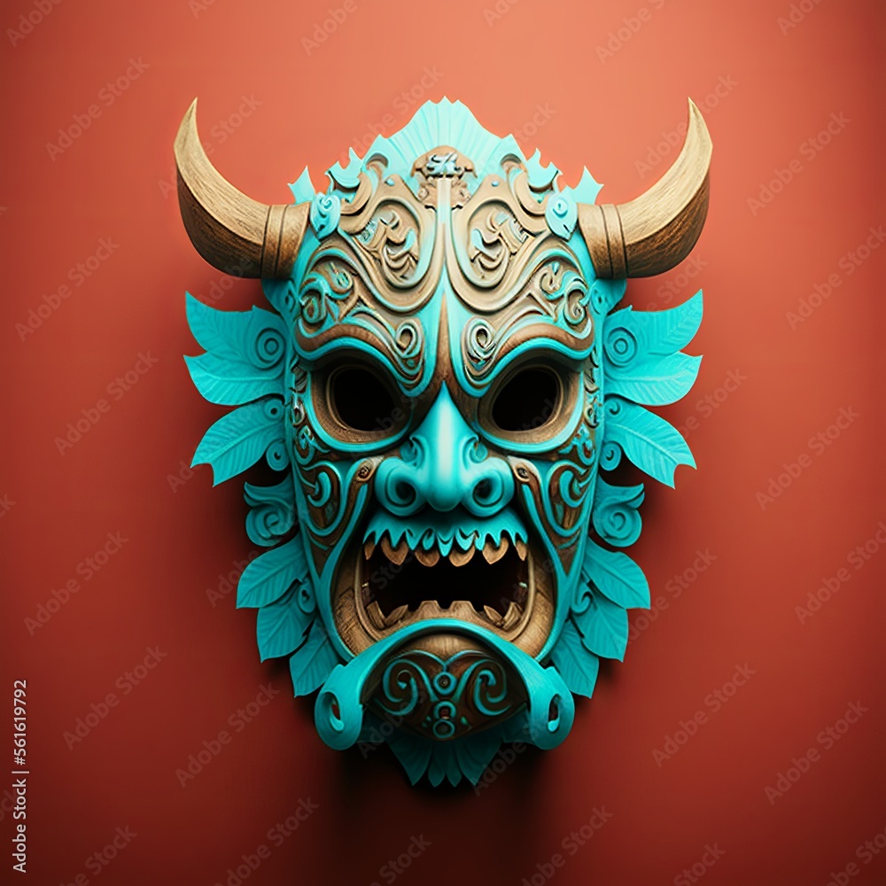Evil faced mask isolated on light red background. Sacred masks are used for various rituals. Generative AI. Evil faced mask isolated on light red background. Sacred masks are used for various rituals. Generative AI.