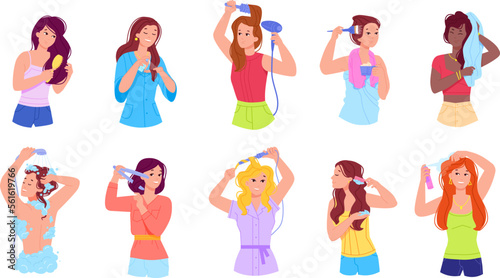 Women haircare. Woman with hairbrush applying conditioner for loss hair treatment, blow dried or wet volume hairs care routine hairspray shampoo oilwash, swanky vector illustration