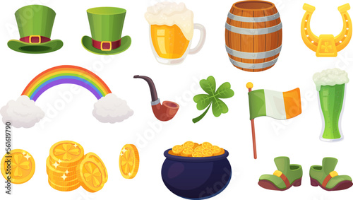 Saint patrick items. Ireland holiday lucky item, irish day fortune symbol luck shamrock pot gold coin flowers clover horseshoe leprechaun beer party, ingenious vector illustration
