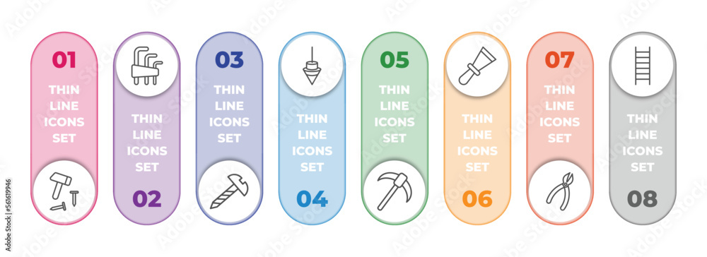 construction tools collection. infographic element with outline icons and 8 step or option. construction tools collection. icons such as hammer and nail, allen keys, screw, plumb bob, pick axe, construction tools collection. infographic element with outline icons and 8 step or option. construction tools collection. icons such as hammer and nail, allen keys, screw, plumb bob, pick axe,