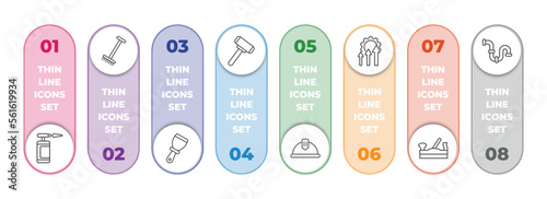 construction tools infographic element with outline icons and 8 step or option. construction tools icons such as blowtorch, gardening rake, putty knife, sledge hammer, safety helmet, improvement,