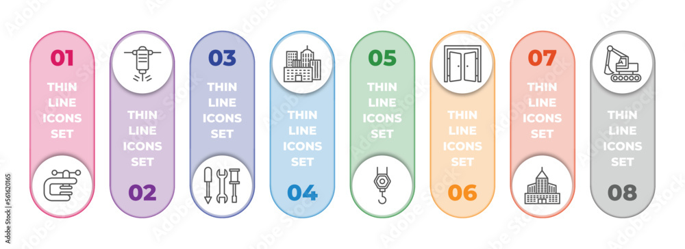 construction infographic element with outline icons and 8 step or option. construction icons such as vise, hydraulic breaker, three tools, , pulley hook, doors open, big building, backhoes vector. construction infographic element with outline icons and 8 step or option. construction icons such as vise, hydraulic breaker, three tools, , pulley hook, doors open, big building, backhoes vector.