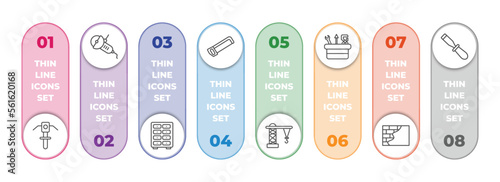 construction infographic element with outline icons and 8 step or option. construction icons such as inclined picker, angle grinder, big clo, hacksaw, derrick facing right, tool box, concrete,