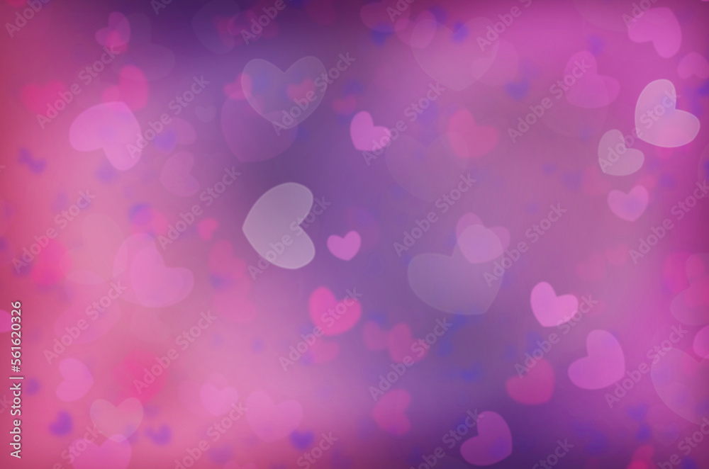 Abstract purple background with heart shaped bokeh