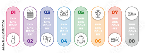clothes infographic element with outline icons and 8 step or option. clothes icons such as drees, padded vest, wool gloves, brassiere, turtleneck, trench coat, ballets flats, leather shoes vector.