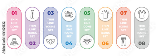 clothes infographic element with outline icons and 8 step or option. clothes icons such as tulle skirt, flare pants, underpants, loafer, panties, cotton polo shirt, oxford wave suit pants, v neck