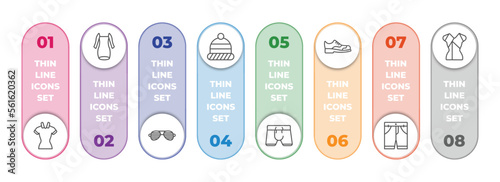 clothes infographic element with outline icons and 8 step or option. clothes icons such as lyocell shirt dress, long sleeveless dress, shutter sunglasses, knit hat with pom pom, boxers, leather