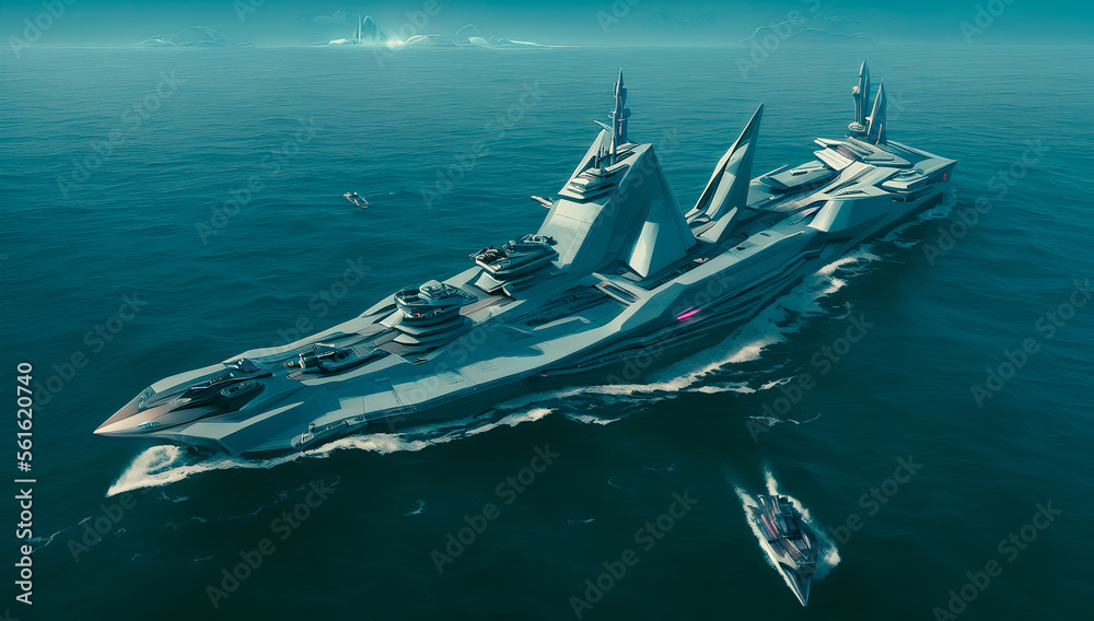 Naklejka premium Futuristic ship on the sea. Generative AI