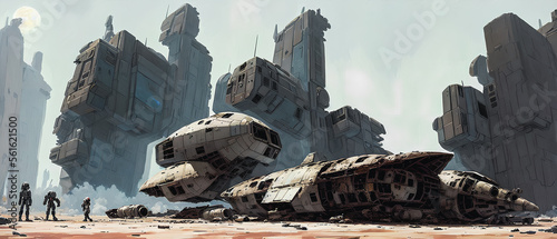 Fototapeta Naklejka Na Ścianę i Meble -  A broken spaceship on an unknown planet in a metaverse environment. Generative AI