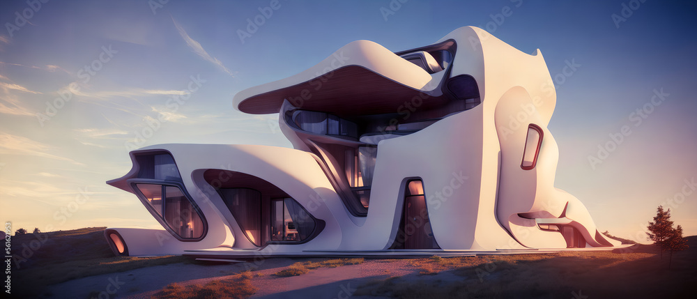 Beautiful futuristic house on the hill. Generative AI