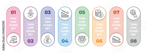 business infographic element with outline icons and 8 step or option. business icons such as value pointer, money investment, pounds money bag, marketing chart, work parteners, one dollar coins, photo