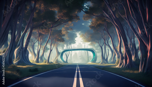 A futuristic road winds through a dense forest in this abstract painting. The use of contrasting colors and bold lines convey a sense of technological advancement and progress. Generative AI