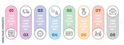 business infographic element with outline icons and 8 step or option. business icons such as big safe, logistic, target, graphs, banking card, golf sticks, boss reading a document, rectangular